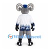 Ram Mascot Costume with White Hockey Jersey and Blue Helmet
