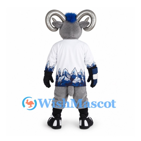 Ram Mascot Costume with White Hockey Jersey and Blue Helmet