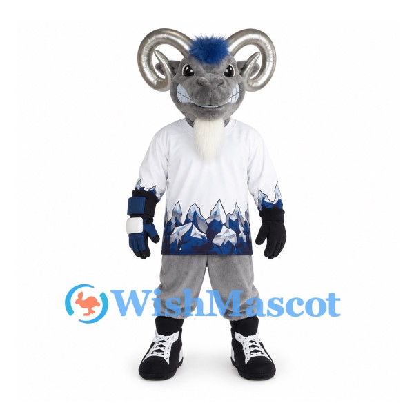 Ram Mascot Costume with White Hockey Jersey and Blue Helmet