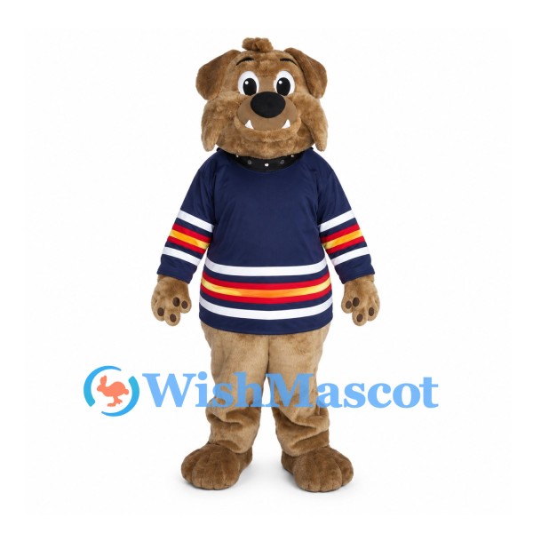 Bear Mascot Costume with Navy Striped Hockey Jersey