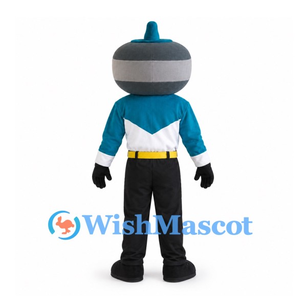 Hockey Puck Superhero Mascot Costume with Teal Shirt and Black Pants