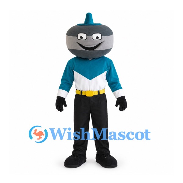 Hockey Puck Superhero Mascot Costume with Teal Shirt and Black Pants