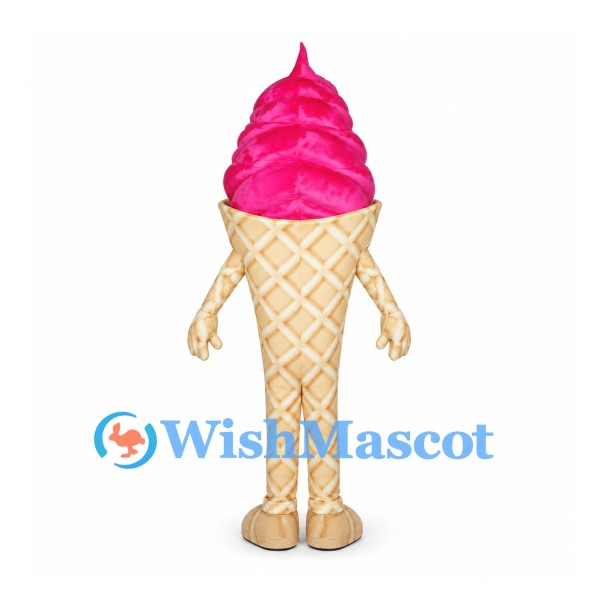 Ice Cream Cone Mascot Costume with Pink Swirl and Waffle Pattern