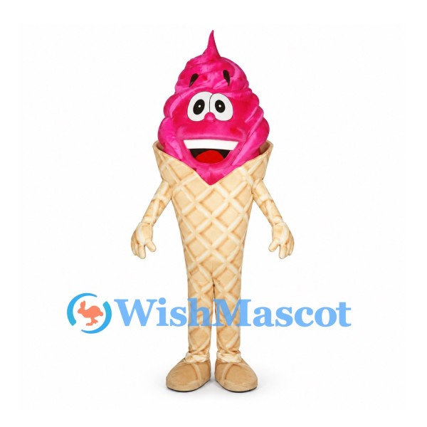 Ice Cream Cone Mascot Costume with Pink Swirl and Waffle Pattern