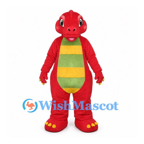 Dragon Mascot Costume in Red with Green Striped Belly