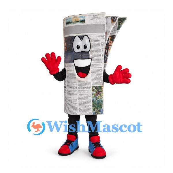 Newspaper Mascot Costume with Printed Pages and Smiling Face