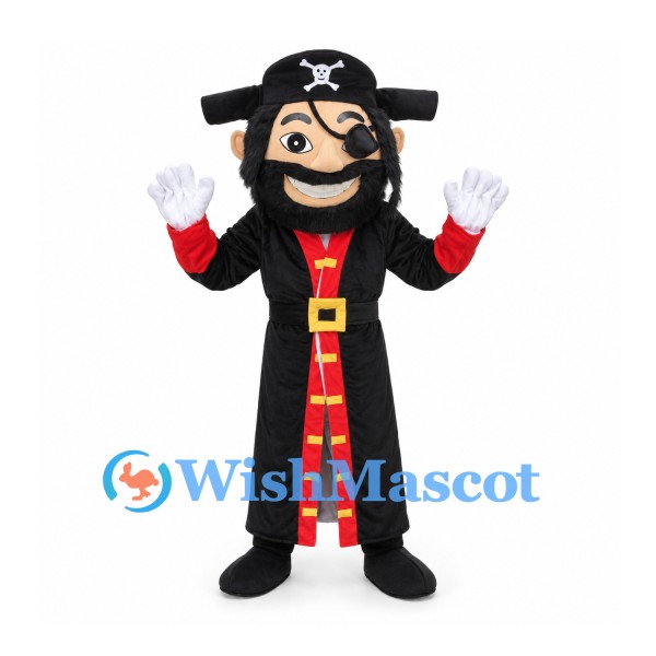 Pirate Captain Mascot Costume with Black Coat and Skull Hat