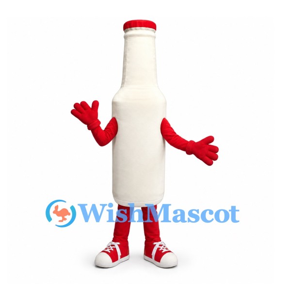 Milk Bottle Mascot Costume in White with Red Cap