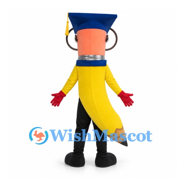Pencil Graduate Mascot Costume with Glasses and Blue Mortarboard