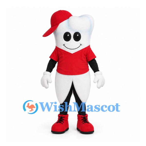 Tooth Mascot Costume with Red Shirt and Baseball Cap