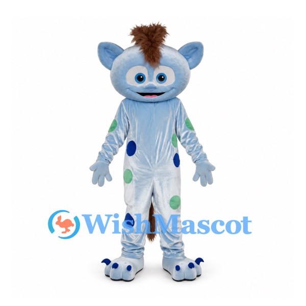 Monster Mascot Costume in Pale Blue with Spotted Suit and Brown Mohawk