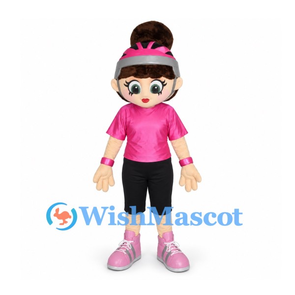 Girl Mascot Costume with Pink Sports Shirt and Helmet