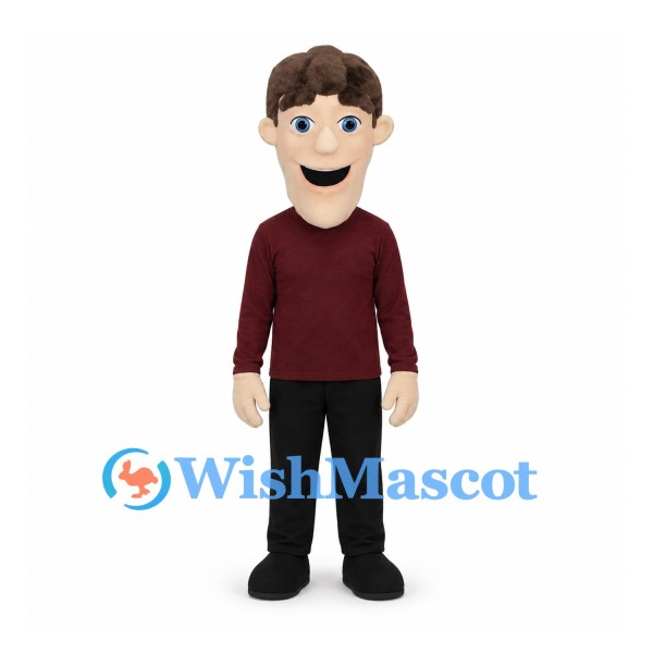 Man Mascot Costume with Burgundy Shirt and Black Pants