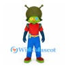 Alien Boy Mascot Costume with Green Helmet and Red Shirt