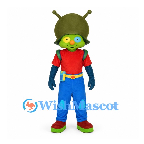 Alien Boy Mascot Costume with Green Helmet and Red Shirt