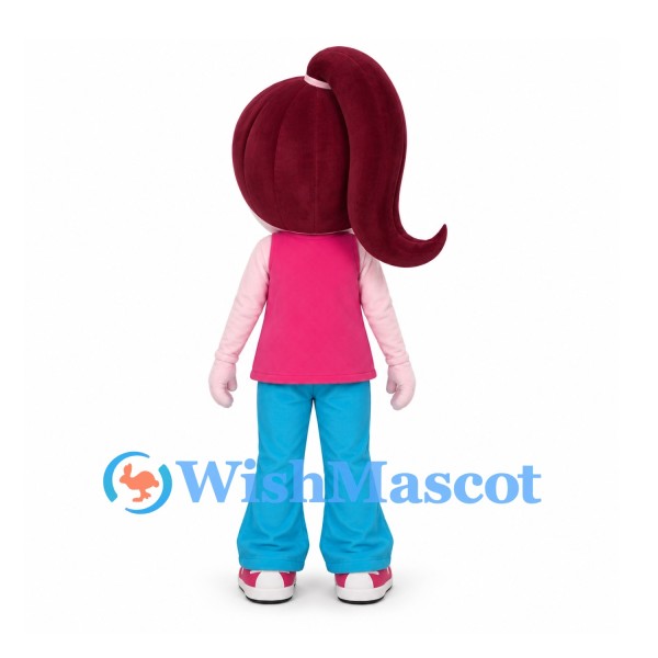 Girl Mascot Costume with Burgundy Ponytail and Pink Heart Shirt