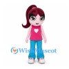 Girl Mascot Costume with Burgundy Ponytail and Pink Heart Shirt