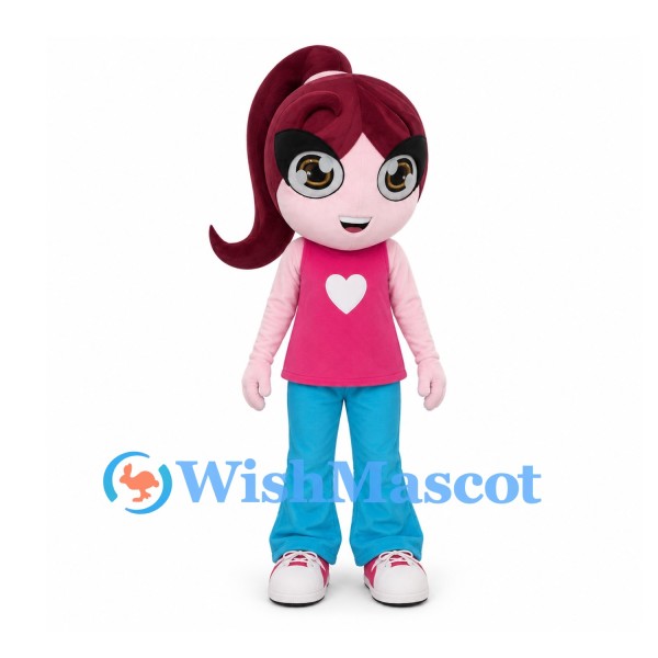 Girl Mascot Costume with Burgundy Ponytail and Pink Heart Shirt