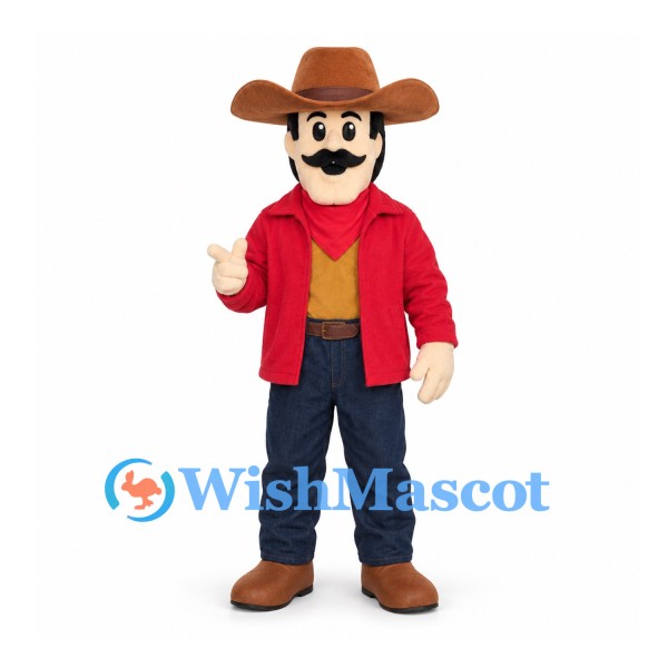 Cowboy Mascot Costume with Brown Hat and Red Jacket