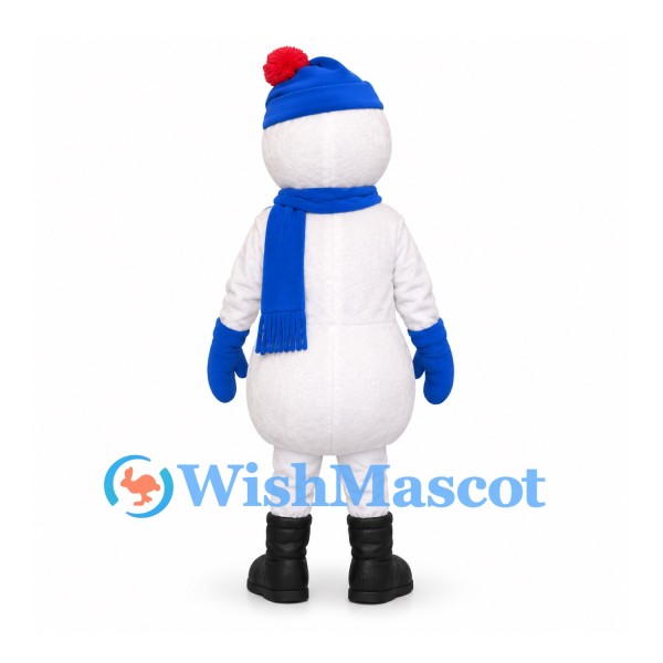 Snowman Mascot Costume with Blue Hat and Scarf