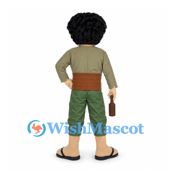 Man Mascot Costume with Curly Black Hair and Patched Pants