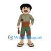 Man Mascot Costume with Curly Black Hair and Patched Pants