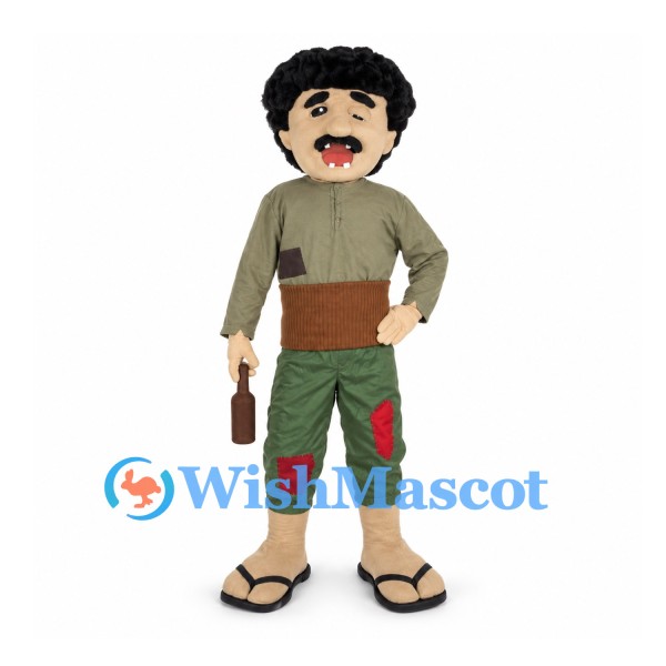 Man Mascot Costume with Curly Black Hair and Patched Pants