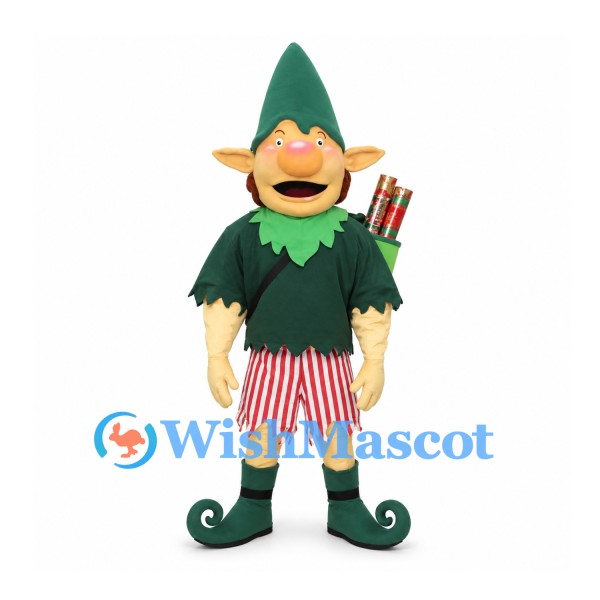 Elf Archer Mascot Costume with Green Tunic and Striped Shorts