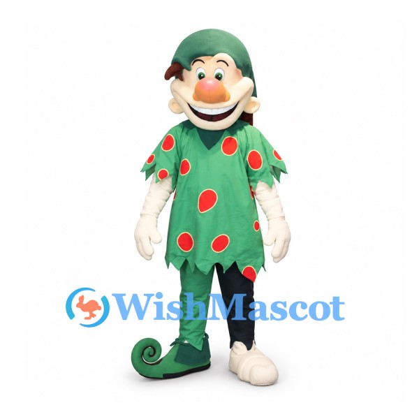 Elf Mascot Costume with Green Spotted Tunic and Pointed Hat
