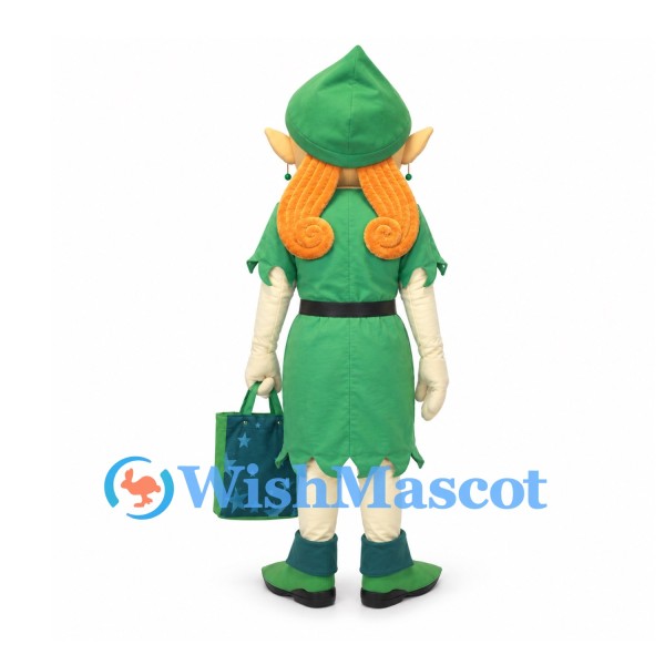 Elf Girl Mascot Costume with Green Dress and Orange Braids