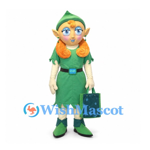 Elf Girl Mascot Costume with Green Dress and Orange Braids