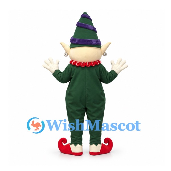 Elf Mascot Costume with Dark Green Suit and Striped Cone Hat