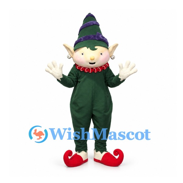 Elf Mascot Costume with Dark Green Suit and Striped Cone Hat