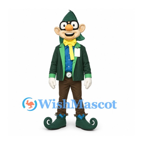 Elf Mascot Costume with Glasses and Green Jacket