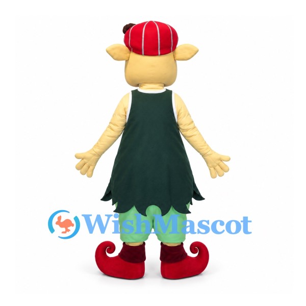 Elf Mascot Costume with Red Cap and Curled Shoes