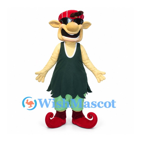 Elf Mascot Costume with Red Cap and Curled Shoes