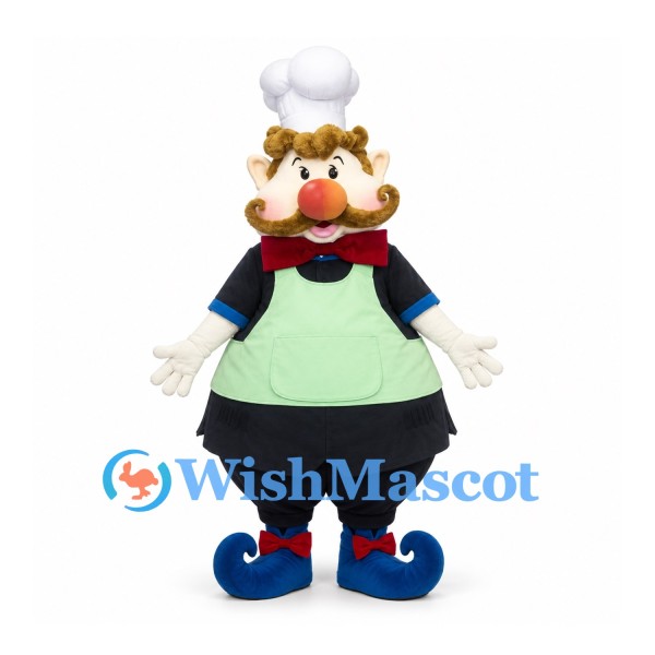 Elf Chef Mascot Costume with White Hat and Green Apron