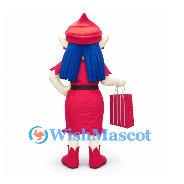 Elf Girl Mascot Costume with Pink Dress and Blue Hair