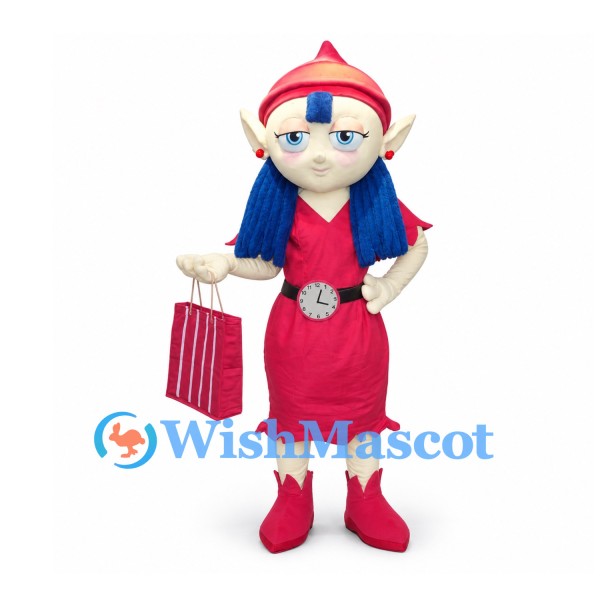 Elf Girl Mascot Costume with Pink Dress and Blue Hair