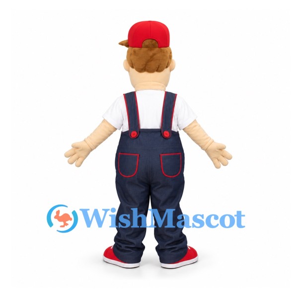 Boy Mascot Costume with Navy Overalls and Red Cap