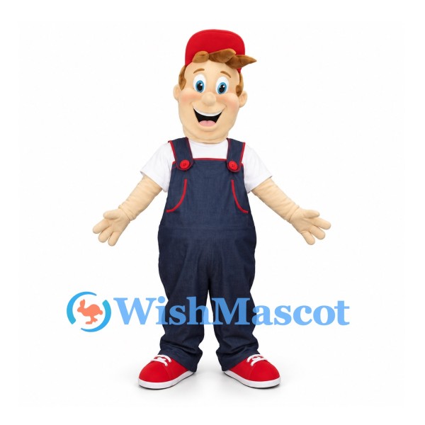 Boy Mascot Costume with Navy Overalls and Red Cap