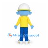 Blue Boy Mascot Costume with White Hat and Yellow Shirt