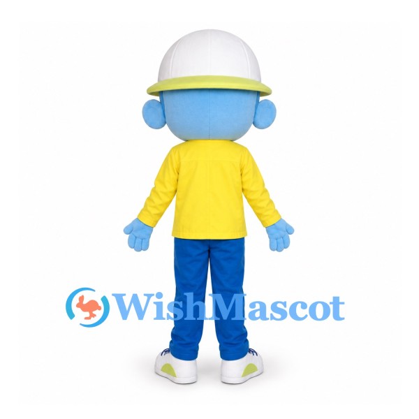 Blue Boy Mascot Costume with White Hat and Yellow Shirt