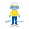 Blue Boy Mascot Costume with White Hat and Yellow Shirt