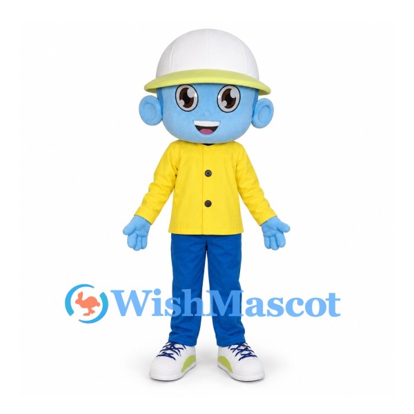 Blue Boy Mascot Costume with White Hat and Yellow Shirt