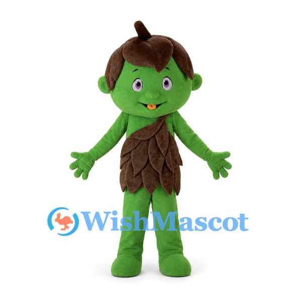 Forest Elf Mascot Costume in Green with Brown Leaf Outfit