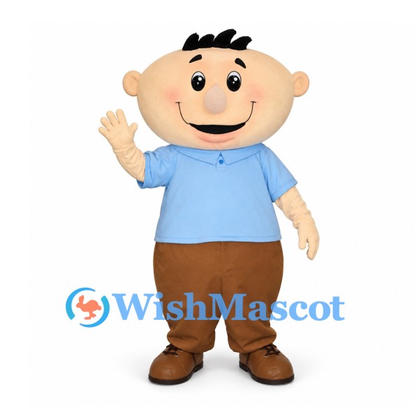 Boy Mascot Costume with Blue Polo Shirt and Brown Pants