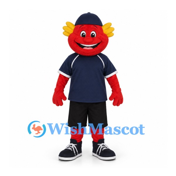 Red Creature Mascot Costume with Navy Sports Shirt and Cap