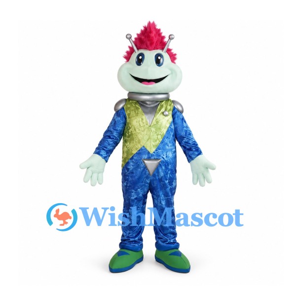 Alien Mascot Costume with Pink Mohawk and Blue Space Suit