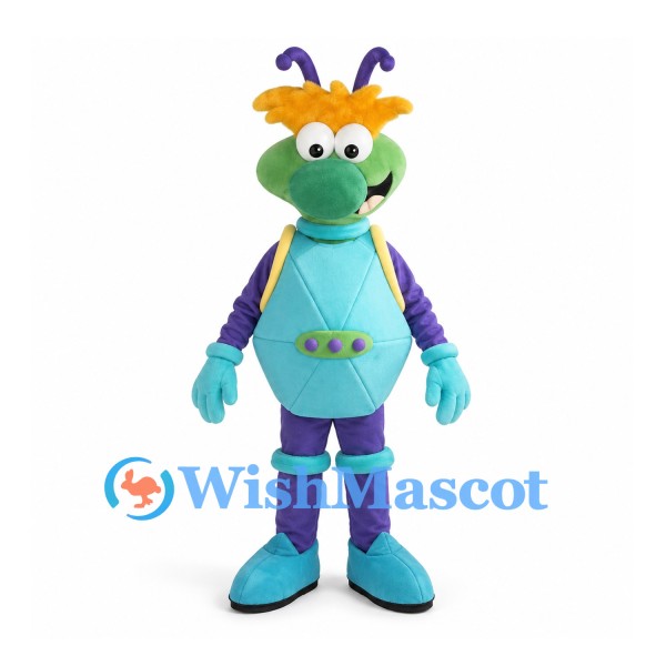 Alien Mascot Costume with Turquoise Body and Purple Antennae